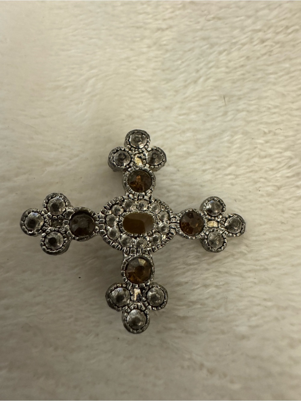 Vintage-Inspired Silver Cross Brooch with Brown Stones